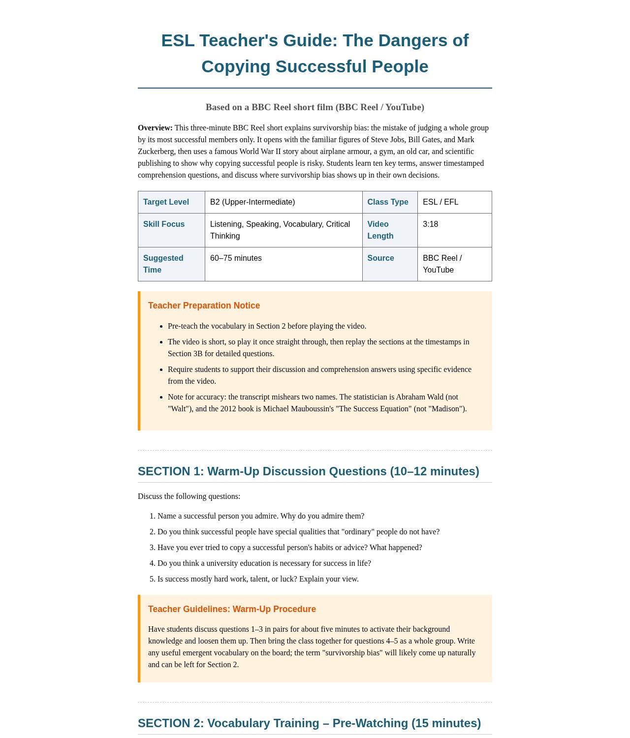 Lesson guide artifact: vocabulary, exercises and discussion built from a YouTube video